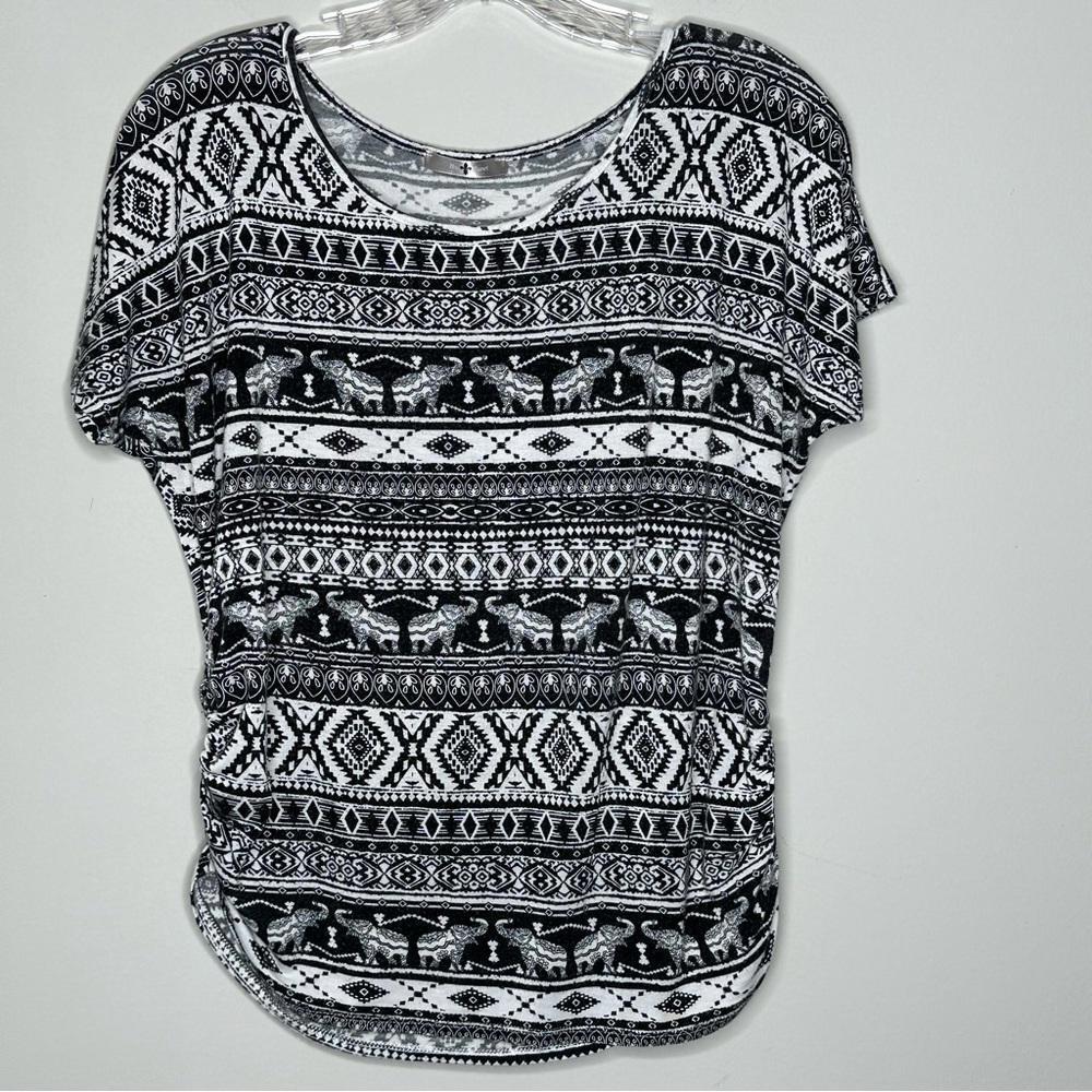 Black & White Elephant Printed Short Sleeve Top Large